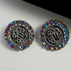 Elegant Silver and Multicolor Aurora  Rhinestones Clip On Earrings